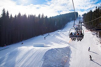 Skipark for slopestyle competitions in Ukrainian ski-resort Bukovel